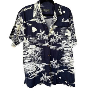 Favant Men's Navy & White Tropical Map Button Down Hawaiian Shirt Size Large